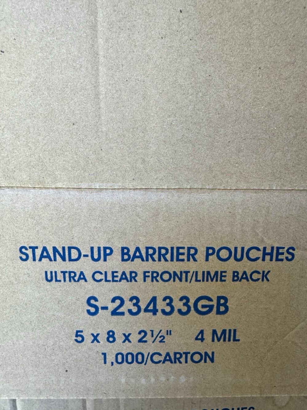 ULINE Stand-Up Barrier Pouches 5x8x2.5 4 mil Lime Back S-23433GB Case of 1000